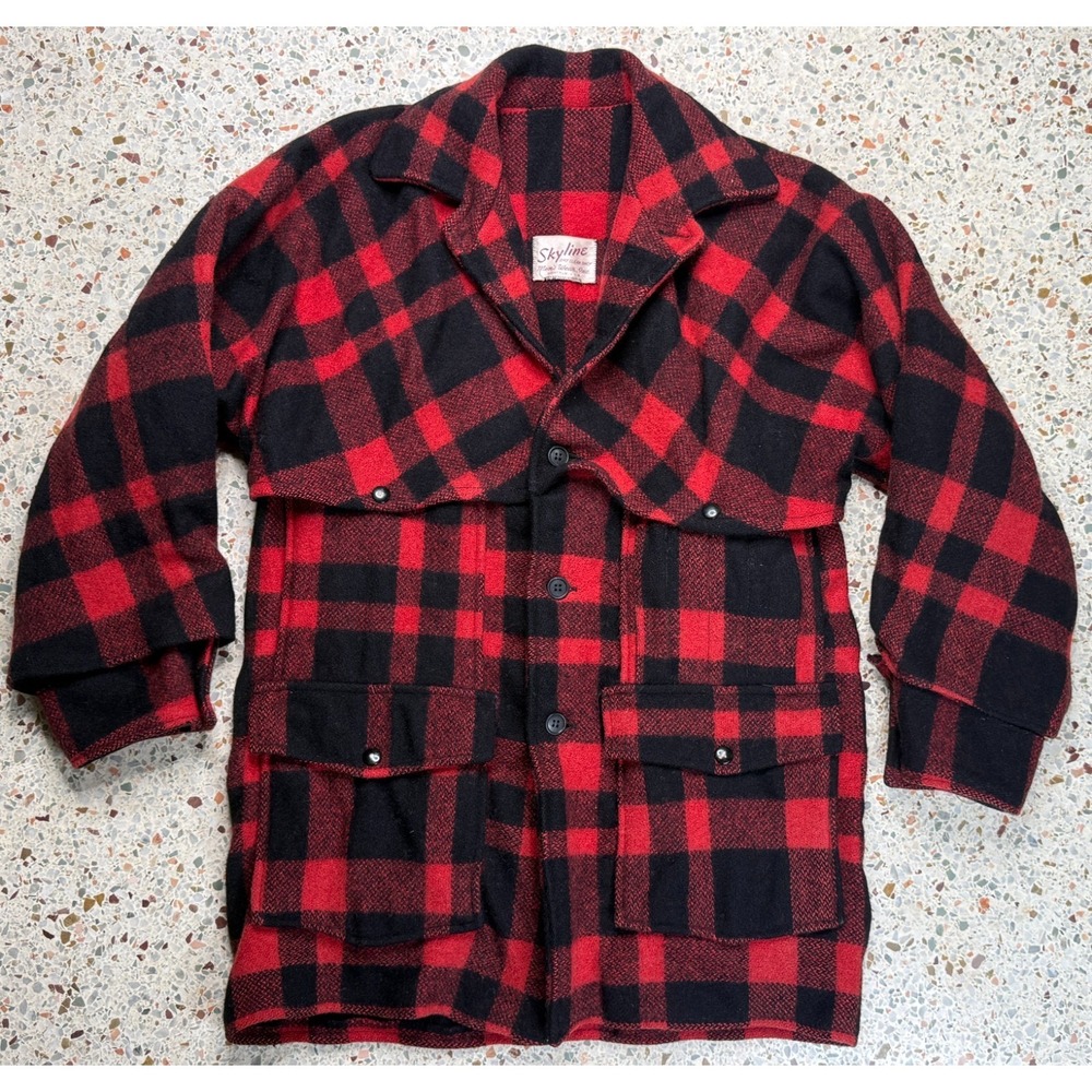 Skyline Men's Wear Inc. Vtg Men's Button Up Plaid 100% Wool Pea Coat Size Large